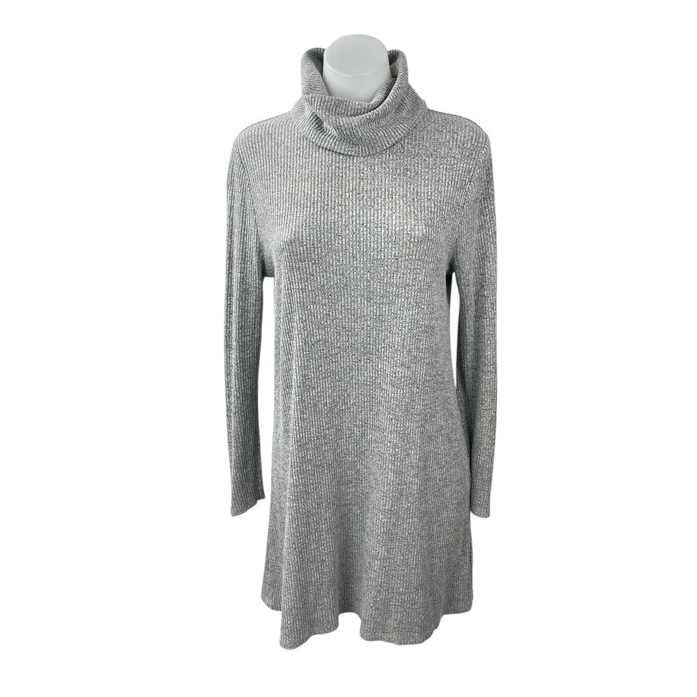 Neely Women's Gray Ribbed Knit Cowl Neck Long Sleeve Mini Tunic Sweater Dress M